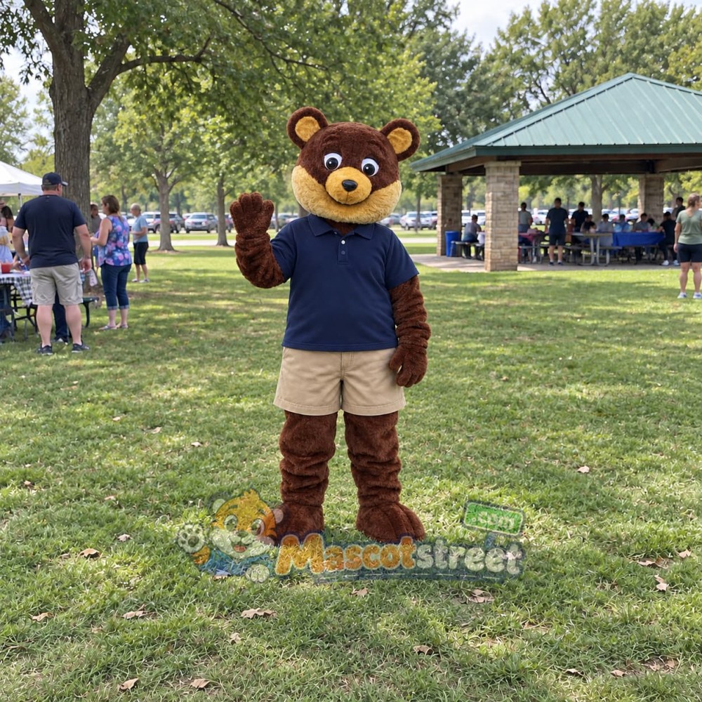 Brown Bear Mascot Costume with Navy Shirt and Khaki Shorts Brown Bear Mascot Costume with Navy Shirt and Khaki Shorts