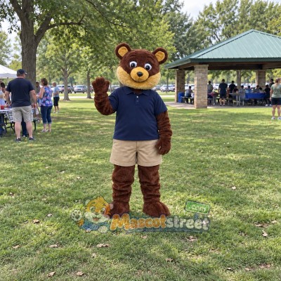 Brown Bear Mascot Costume with Navy Shirt and Khaki Shorts Brown Bear Mascot Costume with Navy Shirt and Khaki Shorts