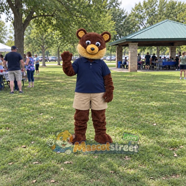 Brown Bear Mascot Costume with Navy Shirt and Khaki Shorts