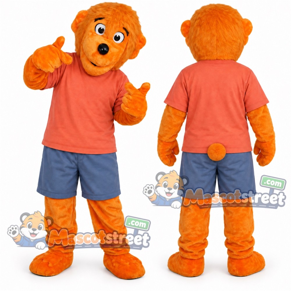 Orange Bear Mascot Costume with Coral Shirt and Blue Shorts Orange Bear Mascot Costume with Coral Shirt and Blue Shorts