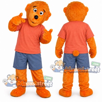 Orange Bear Mascot Costume with Coral Shirt and Blue Shorts Orange Bear Mascot Costume with Coral Shirt and Blue Shorts