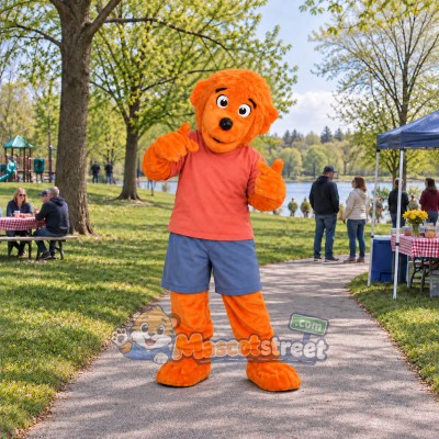 Orange Bear Mascot Costume with Coral Shirt and Blue Shorts Orange Bear Mascot Costume with Coral Shirt and Blue Shorts