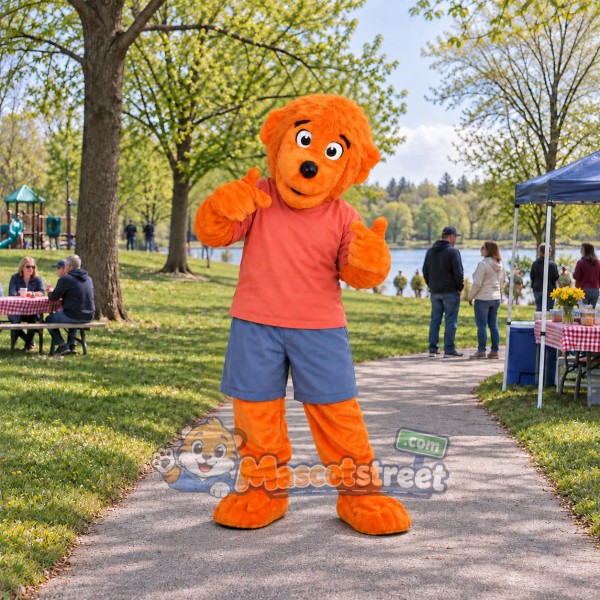 Orange Bear Mascot Costume with Coral Shirt and Blue Shorts
