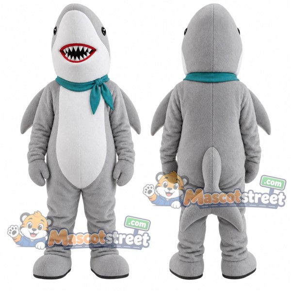 Gray Shark Mascot Costume with Teal Neck Scarf