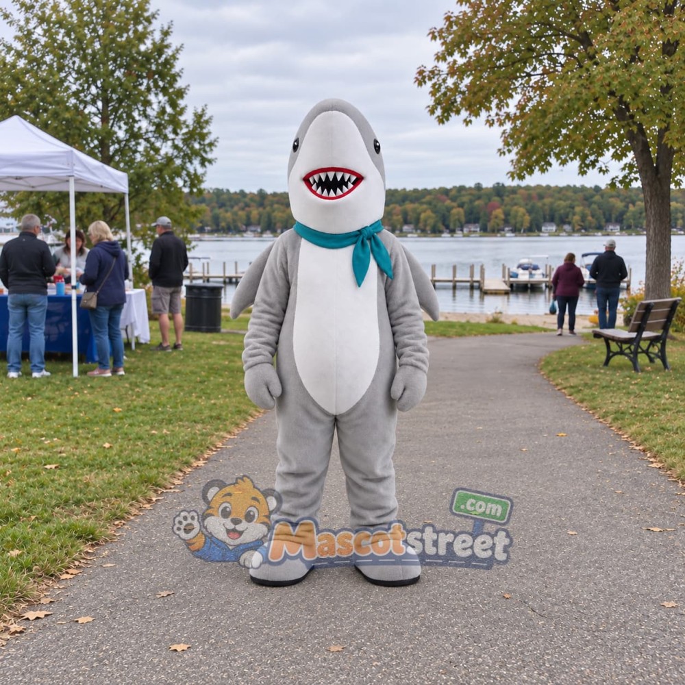 Gray Shark Mascot Costume with Teal Neck Scarf