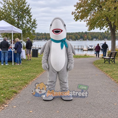 Gray Shark Mascot Costume with Teal Neck Scarf