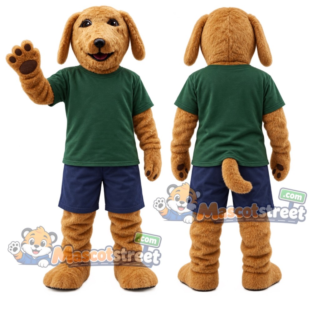 Brown Dog Mascot Costume with Green Shirt and Navy Shorts