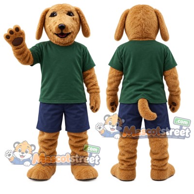 Brown Dog Mascot Costume with Green Shirt and Navy Shorts