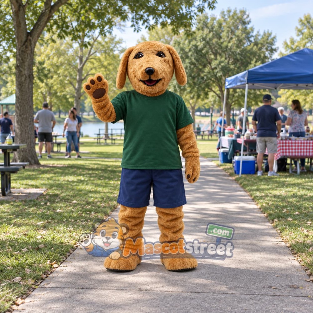 Brown Dog Mascot Costume with Green Shirt and Navy Shorts