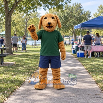 Brown Dog Mascot Costume with Green Shirt and Navy Shorts