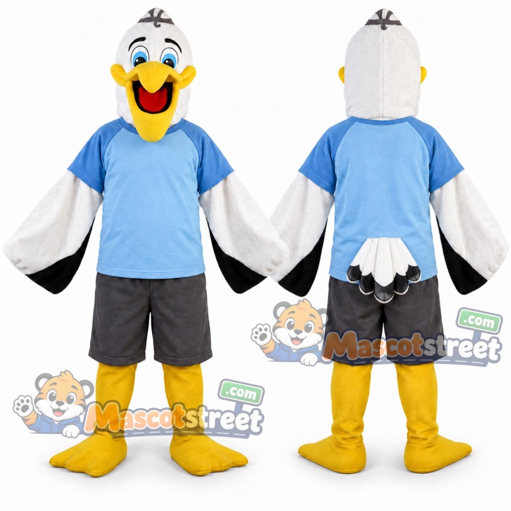 White Pelican Mascot Costume with Blue Shirt and Gray Shorts