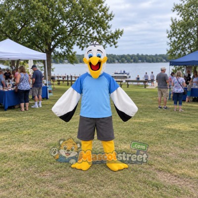 White Pelican Mascot Costume with Blue Shirt and Gray Shorts