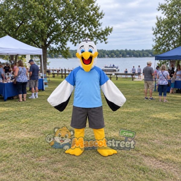 White Pelican Mascot Costume with Blue Shirt and Gray Shorts White Pelican Mascot Costume with Blue Shirt and Gray Shorts