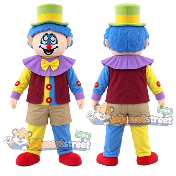 Clown Mascot Costume with Burgundy Jacket and Yellow Top Hat