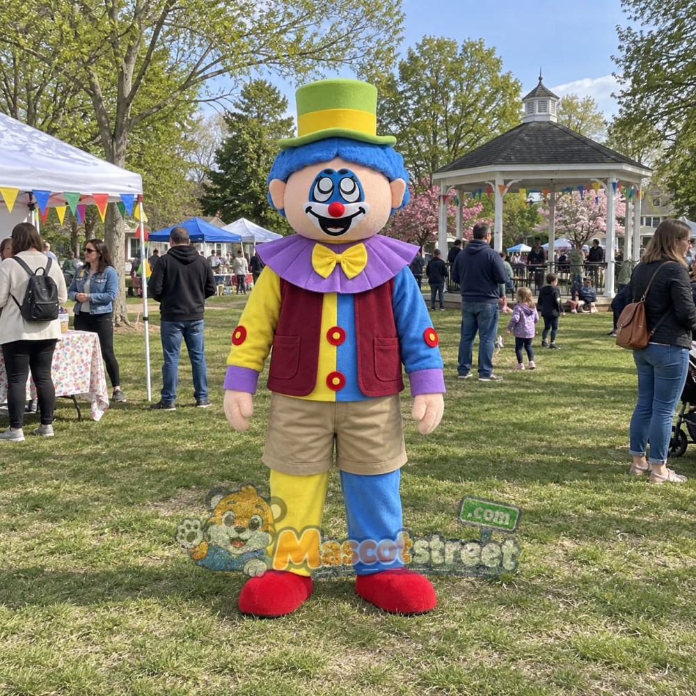 Clown Mascot Costume with Burgundy Jacket and Yellow Top Hat Clown Mascot Costume with Burgundy Jacket and Yellow Top Hat