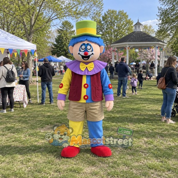 Clown Mascot Costume with Burgundy Jacket and Yellow Top Hat