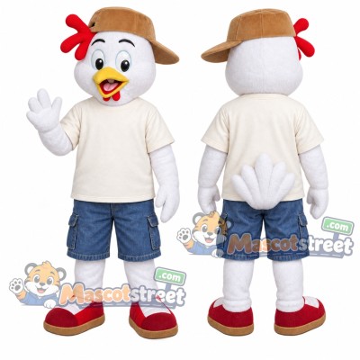White Rooster Mascot Costume with Cream Shirt and Blue Shorts White Rooster Mascot Costume with Cream Shirt and Blue Shorts
