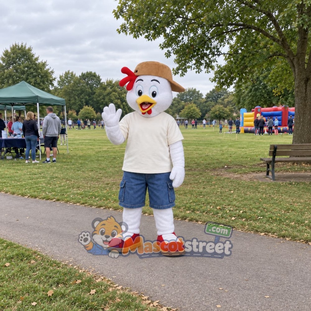 White Rooster Mascot Costume with Cream Shirt and Blue Shorts White Rooster Mascot Costume with Cream Shirt and Blue Shorts
