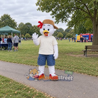 White Rooster Mascot Costume with Cream Shirt and Blue Shorts White Rooster Mascot Costume with Cream Shirt and Blue Shorts