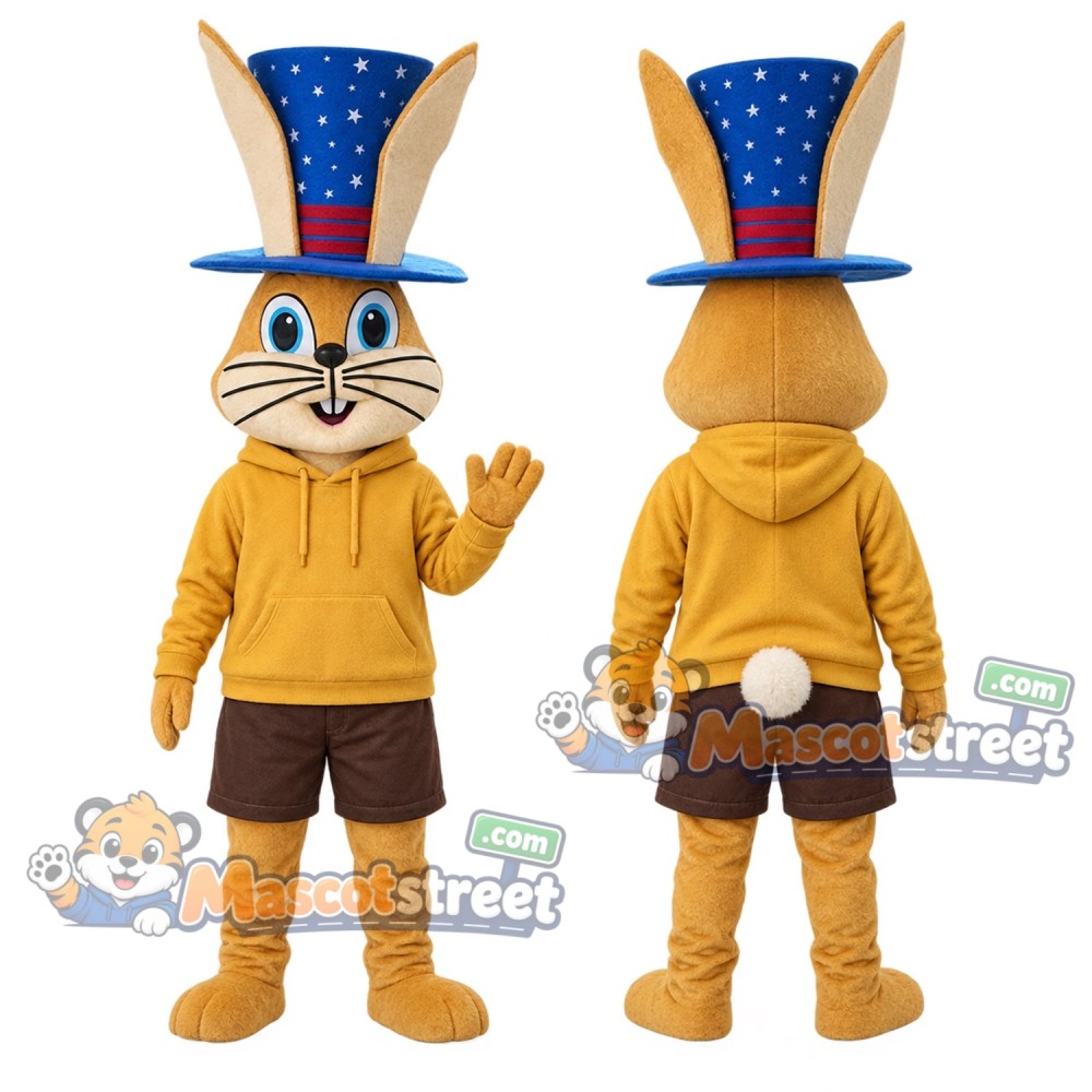 Tan Rabbit Mascot Costume with Yellow Hoodie and Blue Top Hat Tan Rabbit Mascot Costume with Yellow Hoodie and Blue Top Hat