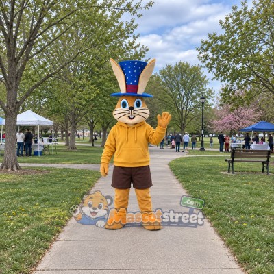Tan Rabbit Mascot Costume with Yellow Hoodie and Blue Top Hat Tan Rabbit Mascot Costume with Yellow Hoodie and Blue Top Hat