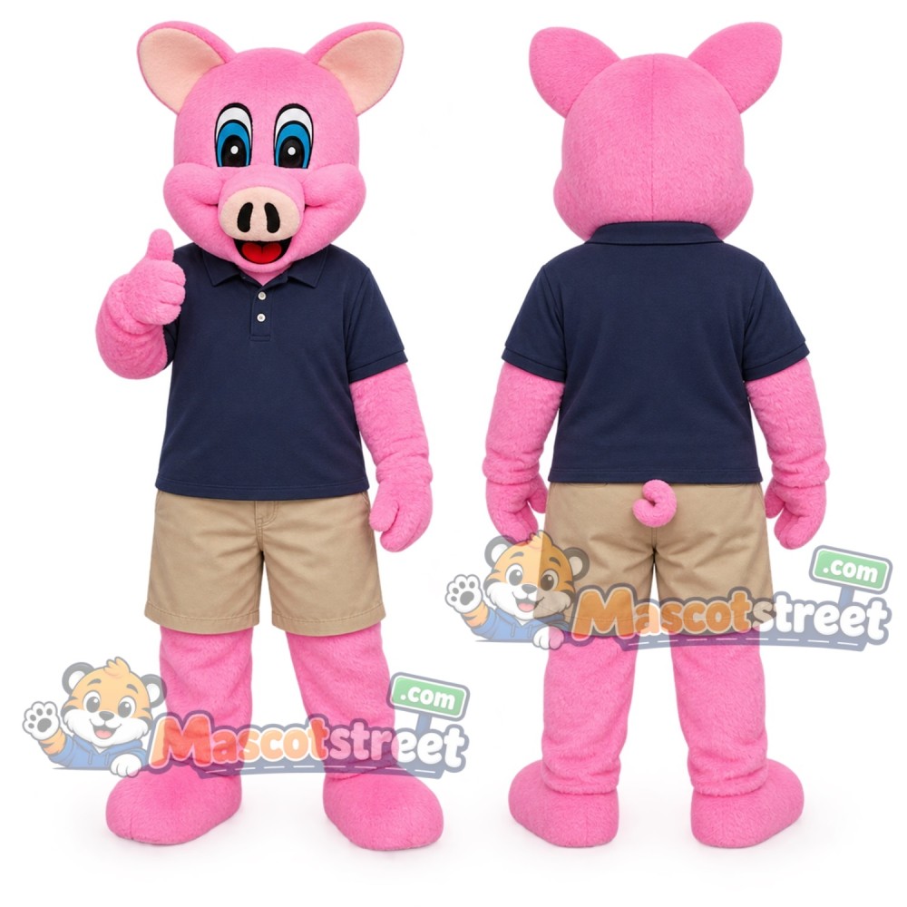 Pink Pig Mascot Costume with Navy Shirt and Khaki Shorts