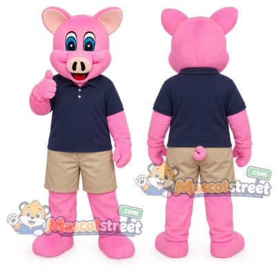 Pink Pig Mascot Costume with Navy Shirt and Khaki Shorts