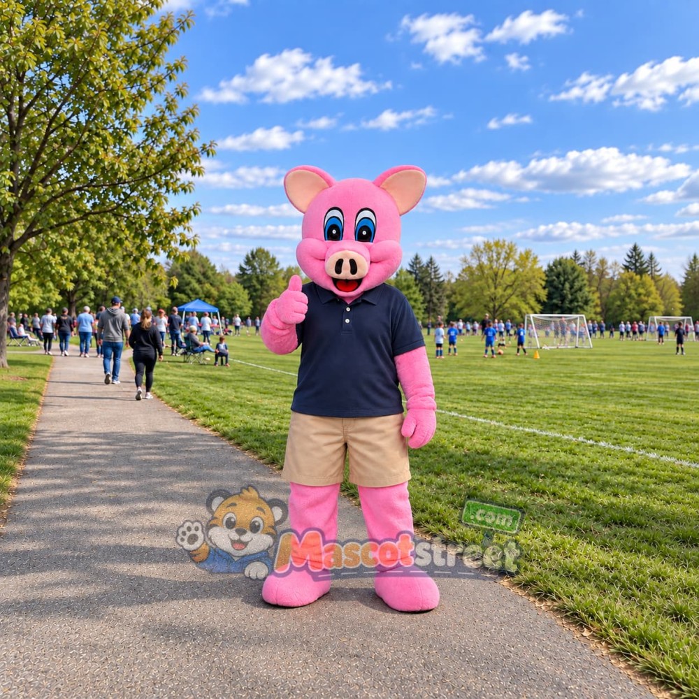 Pink Pig Mascot Costume with Navy Shirt and Khaki Shorts