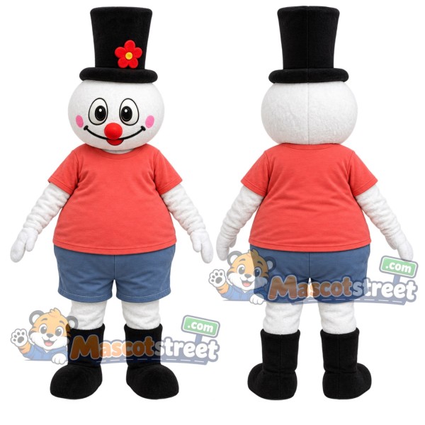 Snowman Mascot Costume with Coral Shirt and Black Top Hat