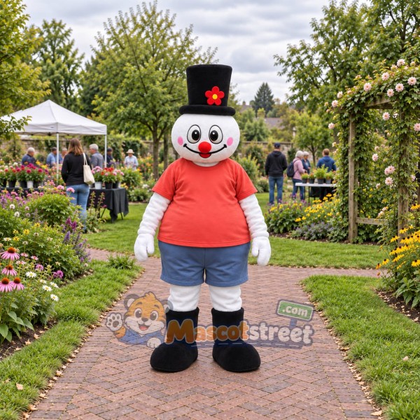 Snowman Mascot Costume with Coral Shirt and Black Top Hat