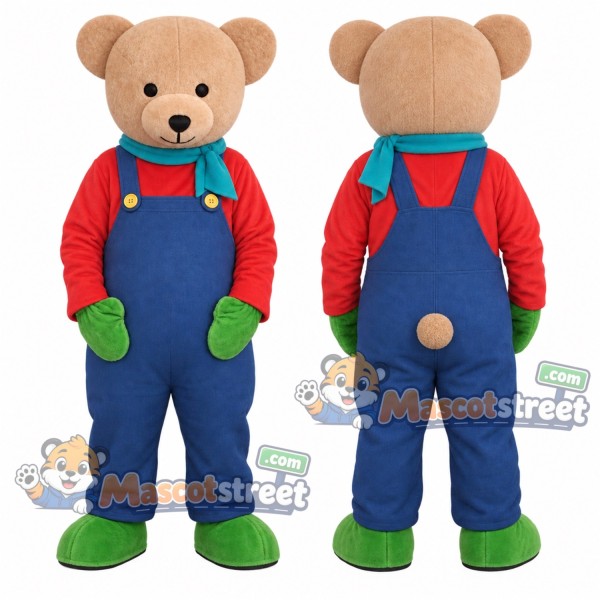 Tan Bear Mascot Costume with Red Shirt and Blue Overalls