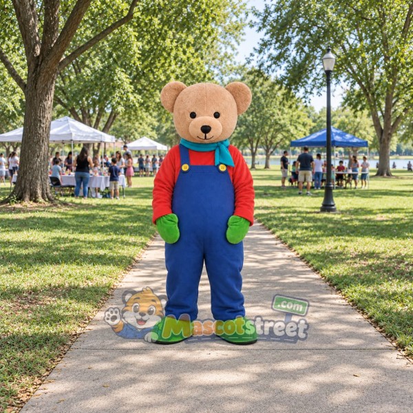 Tan Bear Mascot Costume with Red Shirt and Blue Overalls