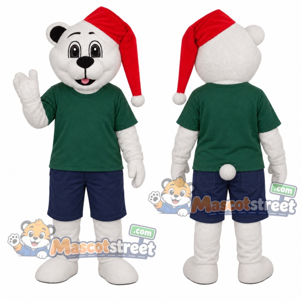 Panda Mascot Costume with Green Shirt and Santa Hat Panda Mascot Costume with Green Shirt and Santa Hat