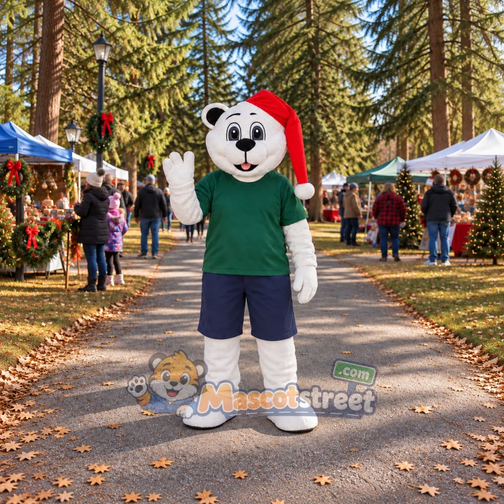 Panda Mascot Costume with Green Shirt and Santa Hat Panda Mascot Costume with Green Shirt and Santa Hat