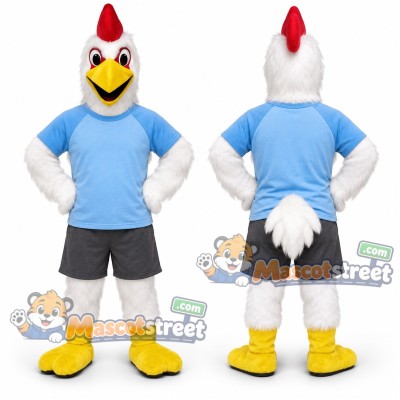 White Rooster Mascot Costume with Blue Shirt and Gray Shorts White Rooster Mascot Costume with Blue Shirt and Gray Shorts