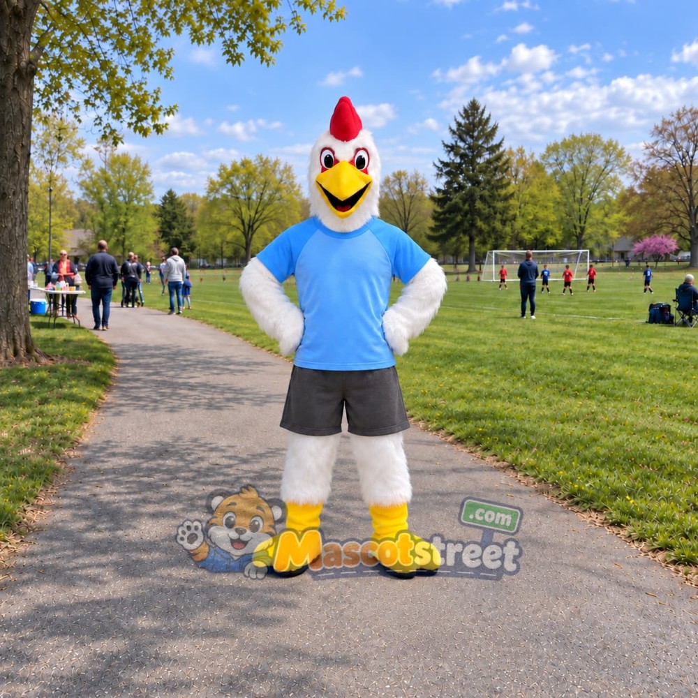 White Rooster Mascot Costume with Blue Shirt and Gray Shorts White Rooster Mascot Costume with Blue Shirt and Gray Shorts