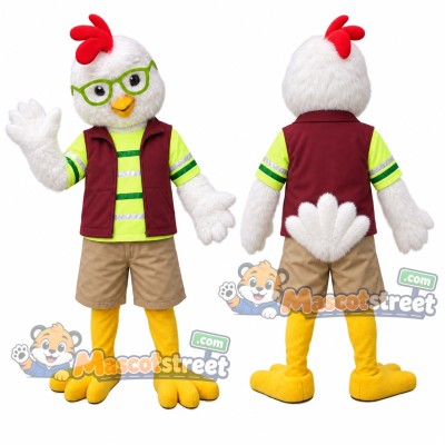White Rooster Mascot Costume with Burgundy Vest and Round Glasses White Rooster Mascot Costume with Burgundy Vest and Round Glasses