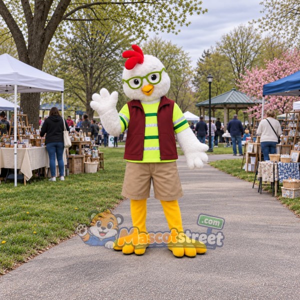 White Rooster Mascot Costume with Burgundy Vest and Round Glasses