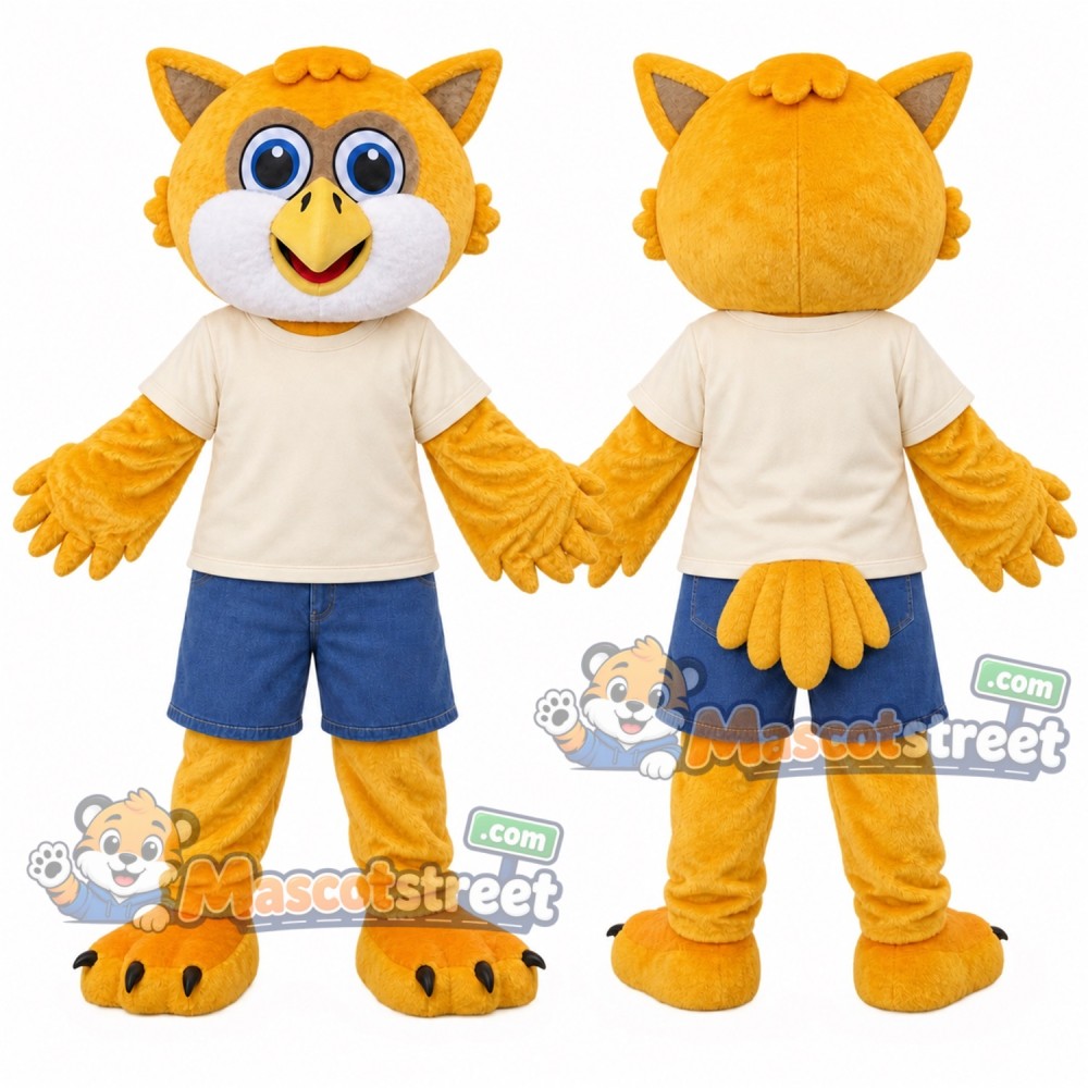 Yellow Owl Mascot Costume with Cream Shirt and Blue Shorts