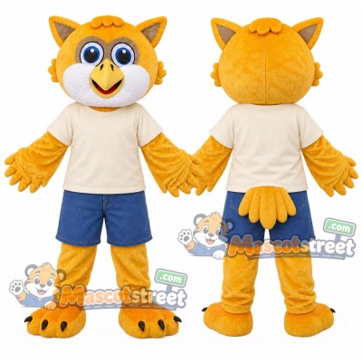 Yellow Owl Mascot Costume with Cream Shirt and Blue Shorts