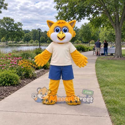 Yellow Owl Mascot Costume with Cream Shirt and Blue Shorts