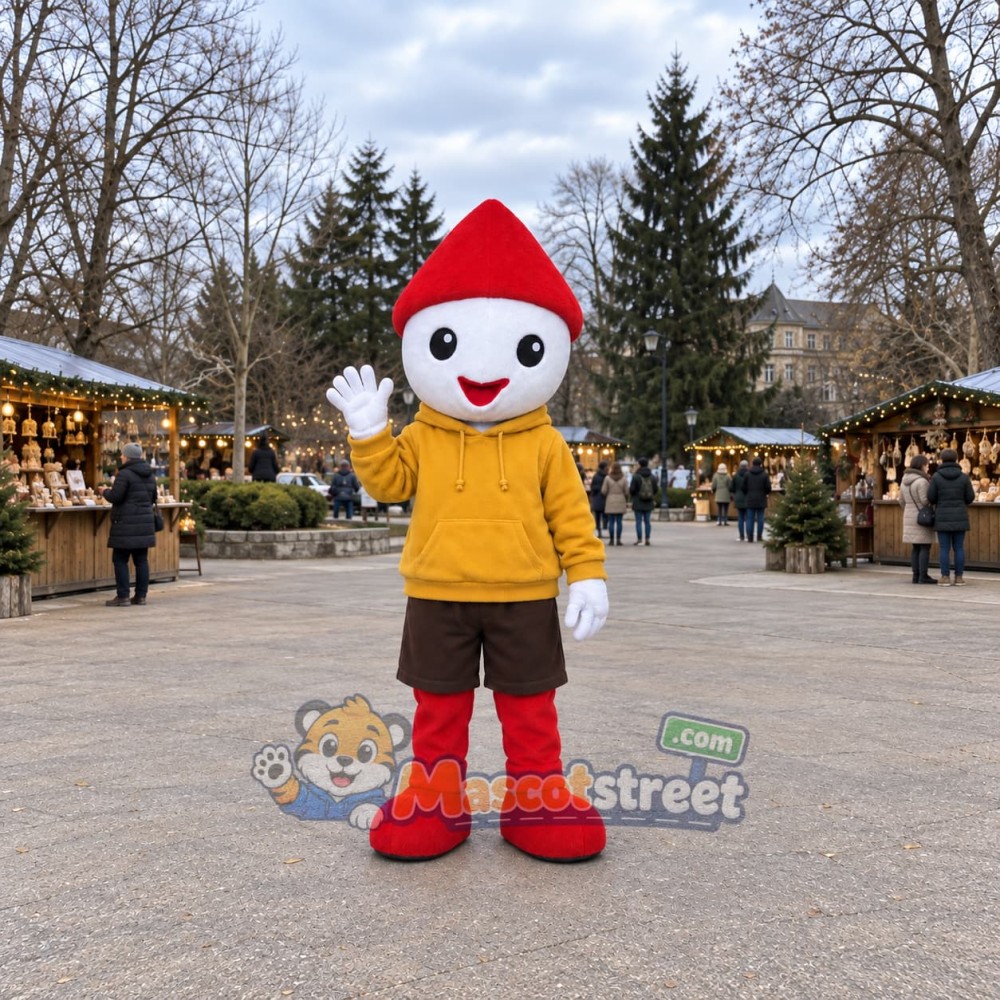 Snowman Mascot Costume with Yellow Hoodie and Santa Hat Snowman Mascot Costume with Yellow Hoodie and Santa Hat