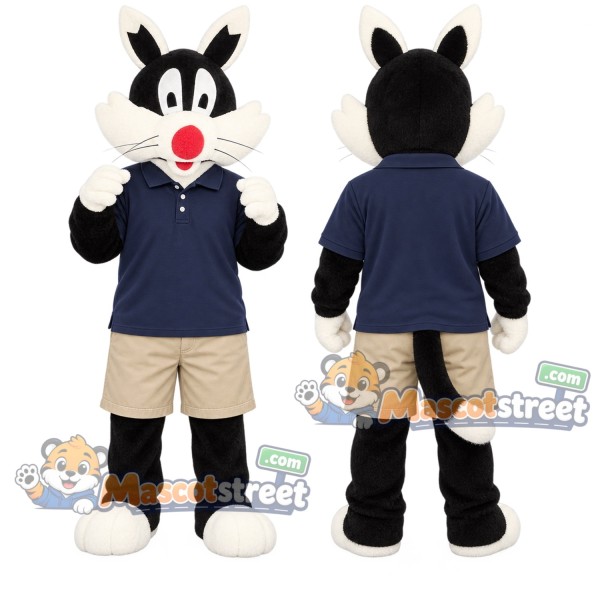 Black and White Cat Mascot Costume with Navy Sweater and Khaki Shorts