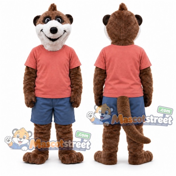 Brown Meerkat Mascot Costume with Coral Shirt and Blue Shorts