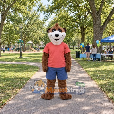 Brown Meerkat Mascot Costume with Coral Shirt and Blue Shorts