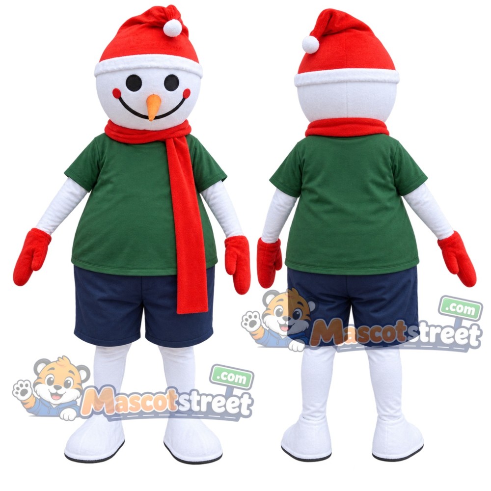 Snowman Mascot Costume with Green Shirt and Red Scarf