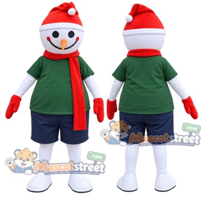 Snowman Mascot Costume with Green Shirt and Red Scarf
