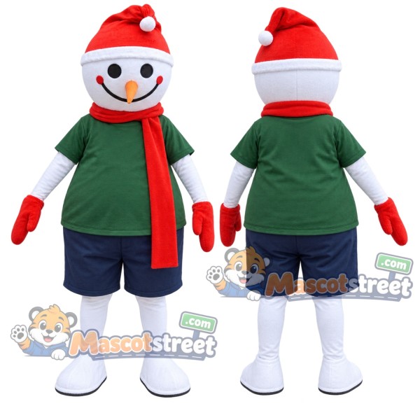 Snowman Mascot Costume with Green Shirt and Red Scarf