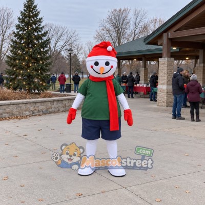 Snowman Mascot Costume with Green Shirt and Red Scarf