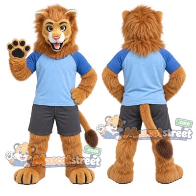 Brown Lion Mascot Costume with Blue Shirt and Gray Shorts